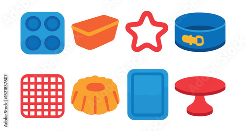 Flat vector icons of baking utensils and tools: muffin tin, loaf pan, cookie cutter, springform pan, cooling rack, bundt pan, baking sheet, cake stand.