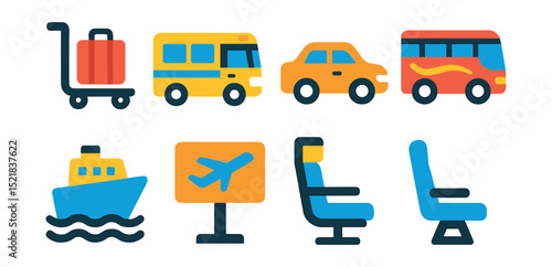 Flat vector icons of travel-related transport: luggage cart, airport shuttle, rental car, city tour bus, taxi cab, cruise terminal, boarding gate, airplane seat.