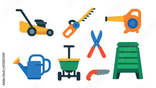 Flat vector icons of garden maintenance tools: lawn mower, hedge trimmer, leaf blower, garden scissors, watering can, fertilizer spreader, compost bin, pruning saw.