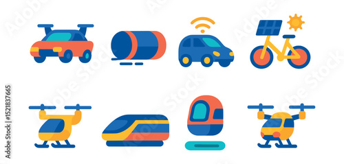 Flat vector icons of futuristic transportation: flying car, hyperloop capsule, autonomous vehicle, solar-powered bike, electric air taxi, hover train, magnetic levitation pod, drone taxi.