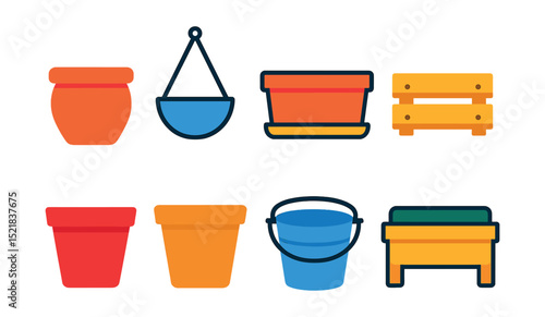 Flat vector icons of flower pots and planters: ceramic pot, hanging planter, window box, wooden crate, plastic pot, terracotta pot, metal bucket, raised garden bed.