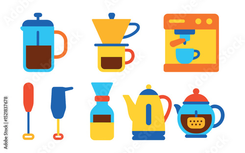 Flat vector icons of brewing tools and devices: French press, pour-over dripper, moka pot, espresso machine, milk frother, cold brew maker, electric kettle, tea pot with infuser.
