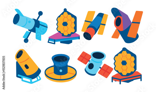 Flat vector icons of cosmology concepts: Big Bang, universe expansion, multiverse, dark energy, cosmic inflation, space-time fabric, quantum foam, cosmic strings.