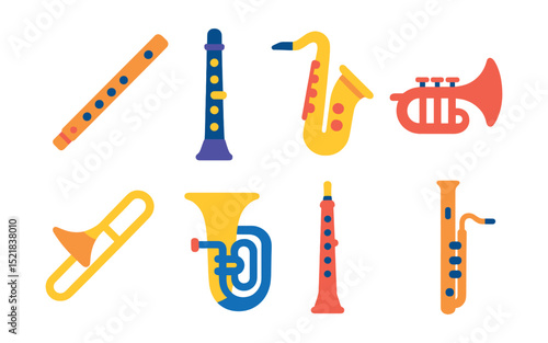Flat vector icons of wind instruments: flute, clarinet, saxophone, trumpet, trombone, tuba, oboe, bassoon.