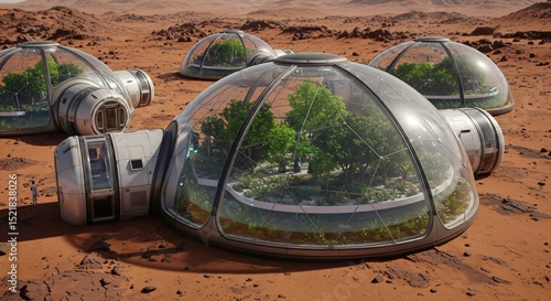 Fototapeta Naklejka Na Ścianę i Meble -  Domes with green plants on a red planet surface. Martian colony research station for space exploration base. Futuristic habitat architecture concept.