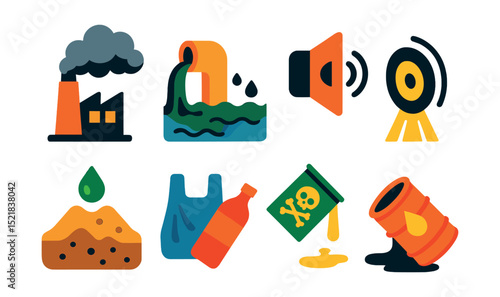 Flat vector icons of pollution types: air pollution, water pollution, soil contamination, plastic waste, chemical spill, noise pollution, light pollution, oil spill.