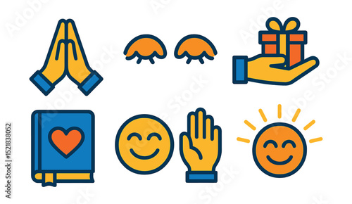 Flat vector icons of gratitude and appreciation: hands in prayer, thankful eyes, heart in hands, gift-giving icon, gratitude journal, warm smile, thank you gesture, thankful rays around head.