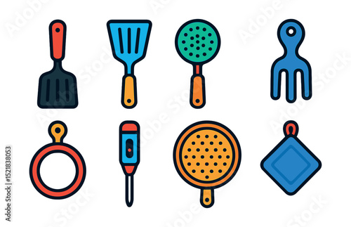 Flat vector icons of stovetop tools: grill spatula, fish turner, skimmer, pasta fork, egg ring, meat thermometer, splatter screen, pot holder.
