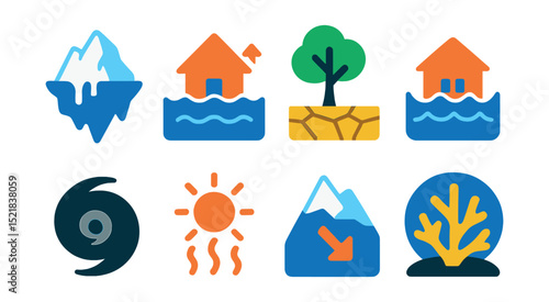 Flat vector icons of climate change effects: melting iceberg, rising sea level, drought, flooding, hurricane, heatwave, glacier retreat, coral bleaching.