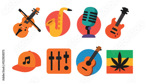 Flat vector icons of music genres: classical, jazz, rock, pop, hip-hop, electronic, country, reggae.