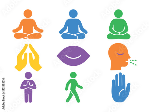 Flat vector icons of meditation poses: lotus, cross-legged, seated, standing, walking meditation, hand mudras, eye closed, calm breath.