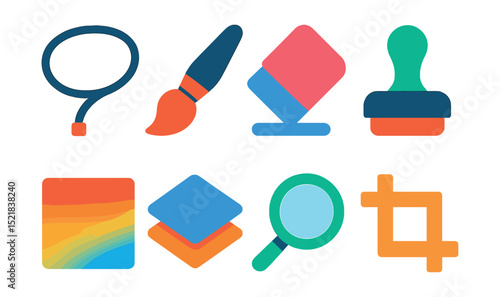 Flat vector icons of photo editing tools: lasso, brush, eraser, clone stamp, gradient, layers, zoom, crop.