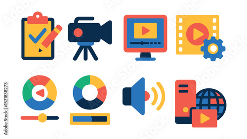 Flat vector icons of video production stages: pre-production, filming, editing, post-production, color grading, sound design, rendering, distribution.