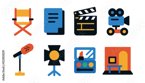 Flat vector icons of film production: director chair, script, clapperboard, camera dolly, boom mic, lighting rig, makeup kit, set design.