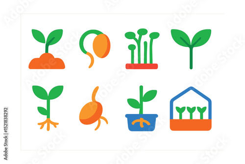 Flat vector icons of seedlings and sprouts: seedling in soil, sprouting seed, microgreens, twin leaf sprout, sapling, first root emerging, hydroponic sprout, greenhouse seed tray.