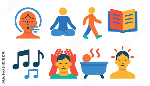 Flat vector icons of stress management techniques: breathing exercise, yoga pose, walking, journal, music notes, massage, hot bath, mindfulness.