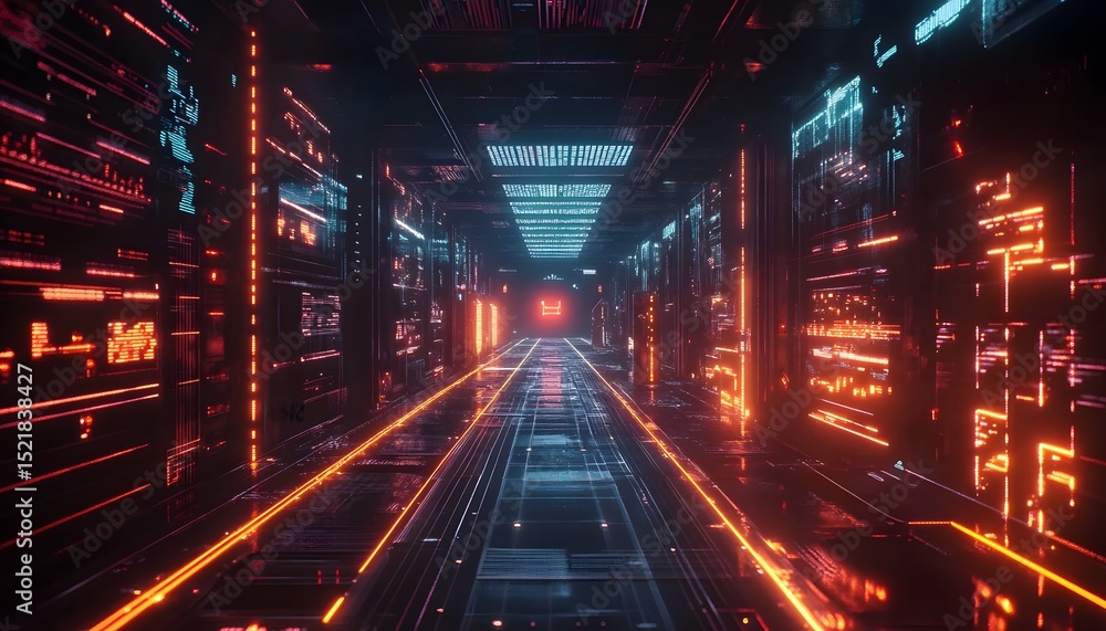 Obraz premium Neon glowing corridor with digital displays.
