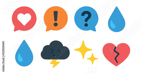 Flat vector icons of reaction bubbles and symbols: heart bubble, exclamation mark for shock, question mark for confusion, tear drop, sweat drop, angry storm cloud, sparkle for joy, broken heart icon.