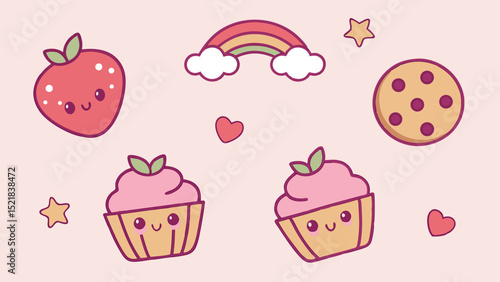 Cute kawaii dessert elements strawberry cupcake cookie rainbow star and hearts on white