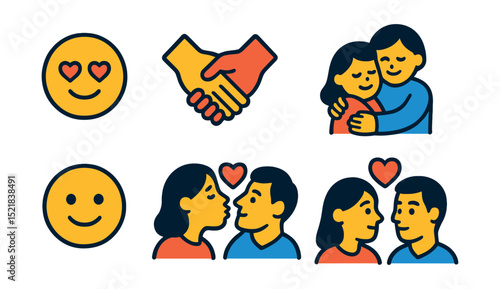 Flat vector icons of romantic and affectionate emotions: blushing cheeks, heart eyes, holding hands, cuddle icon, soft smile, kiss on cheek, writing love note, affectionate gaze.