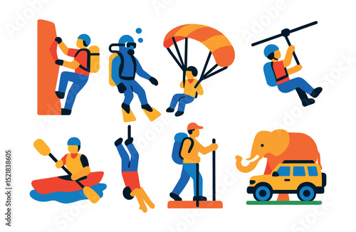 Flat vector icons of adventure travel: rock climbing, scuba diving, paragliding, zip lining, kayaking, bungee jumping, hiking, wildlife safari.