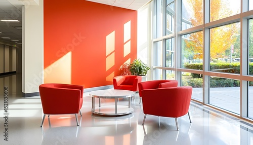Modern waiting area with red armchairs and large windows.
