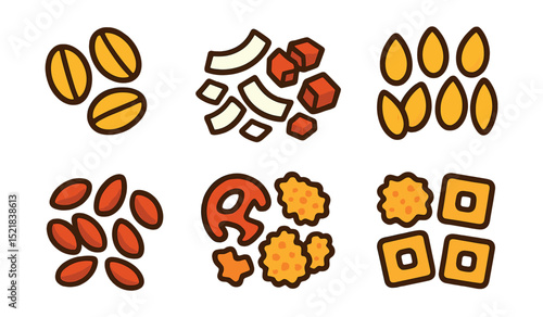 Flat vector icons of mix-ins for texture: rolled oats, shredded coconut, chopped pecans, sunflower seeds, flax seeds, crushed pretzels, granola chunks, cereal bits.