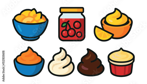 Flat vector icons of pie and pastry fillings: apple pie filling bowl, cherry compote jar, lemon curd, pumpkin purée, sweet cream cheese swirl, chocolate ganache, fruit jam dollop, custard cup.