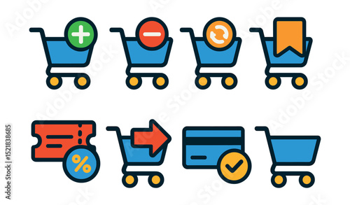 Flat vector icons of shopping cart actions: add to cart, remove from cart, update quantity, save for later, apply coupon, checkout, payment success, empty cart.