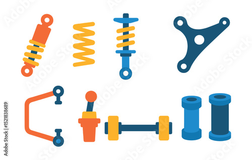 Flat vector icons of vehicle suspension: shock absorber, spring, strut, control arm, sway bar, ball joint, axle, suspension bushings.
