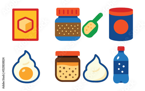 Flat vector icons of leavening ingredients: yeast packet, active dry yeast jar, baking soda scoop, baking powder container, egg white foam, sourdough starter jar, whipped egg whites, carbonated water