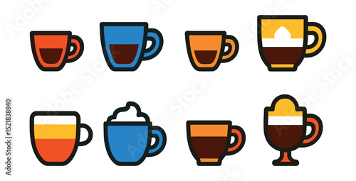 Flat vector icons of specialty coffee cups: espresso, doppio, ristretto, macchiato, flat white, mocha, cortado, affogato.