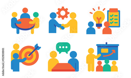 Flat vector icons, Flat vector icons of teamwork concepts: group meeting, collaboration, brainstorming, task assignment, goal setting, feedback exchange, team discussion, project planning.
