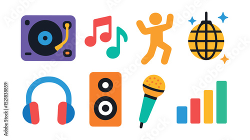 Flat vector icons of music and dance party: DJ turntable, music notes, speaker, dancing figure, disco ball, headphones, microphone, music equalizer.
