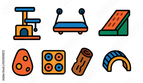 Flat vector icons of pet enrichment items: cat tree, window perch, digging box, scratch pad, treat-dispensing toy, scent puzzle, chew log, climbing bridge.