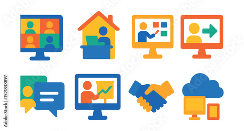 Flat vector icons of remote teamwork: video conference, home office, virtual whiteboard, screen sharing, remote chat, online presentation, virtual handshake, cloud workspace.