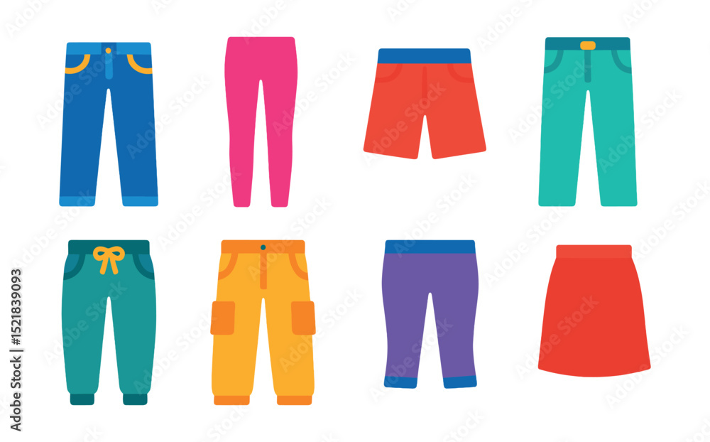 Flat vector icons of bottoms and pants: jeans, leggings, shorts, trousers, joggers, cargo pants, capri pants, skirt. Flat vector icons of bottoms and pants: jeans, leggings, shorts, trousers, joggers, cargo pants, capri pants, skirt.