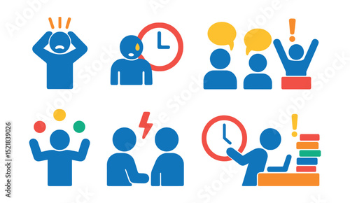 Flat vector icons of teamwork challenges: stress, time pressure, communication gap, resource shortage, multitasking, conflict, deadline, overload.