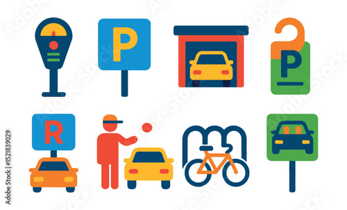 Flat vector icons of parking and access: parking meter, parking sign, underground garage icon, parking permit, reserved spot icon, valet symbol, bike rack, carpool spot.