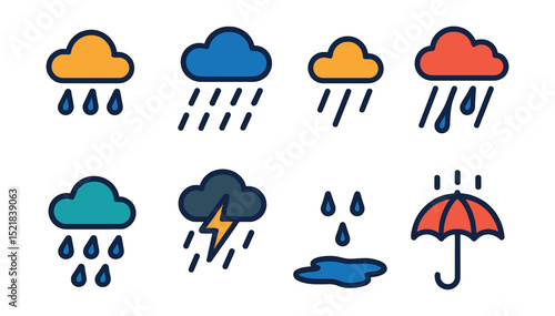 Flat vector icons of rain types: light rain, heavy rain, drizzle, rain shower, cloud with raindrops, rainstorm, wet ground, umbrella in rain.