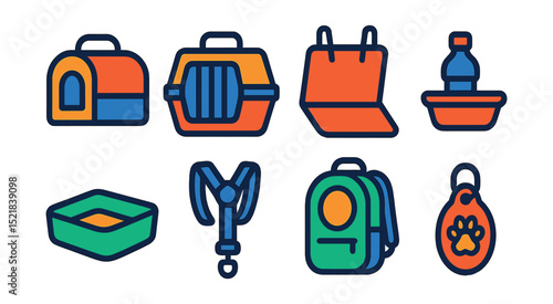 Flat vector icons of pet travel accessories: pet carrier, travel crate, car seat cover, travel water bowl, portable litter box, seatbelt harness, travel backpack, ID travel tag.
