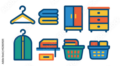 Flat vector icons of clothing storage: clothes hanger, folded stack, wardrobe, dresser, garment bag, closet shelf, laundry basket, drawer divider.