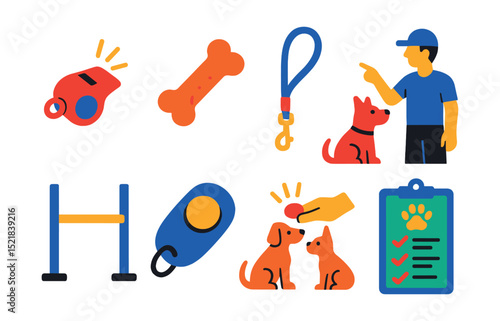 Flat vector icons of pet training sessions: whistle, treat, leash, trainer, agility course, clicker, reward, behavior chart.