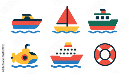 Flat vector icons of water transport: boat, ship, sailboat, ferry, submarine, jet ski, cruise liner, lifebuoy.