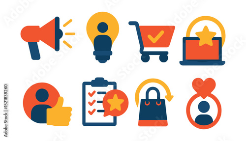 Flat vector icons of customer journey stages: awareness, consideration, purchase, retention, advocacy, feedback, repeat purchase, loyalty.