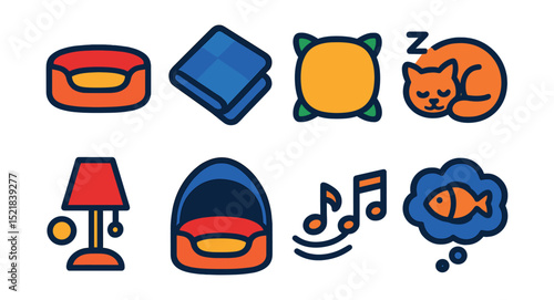 Flat vector icons of pet sleeping habits: pet bed, blanket, pillow, sleeping pet, night lamp, cozy corner, lullaby, dream bubble.