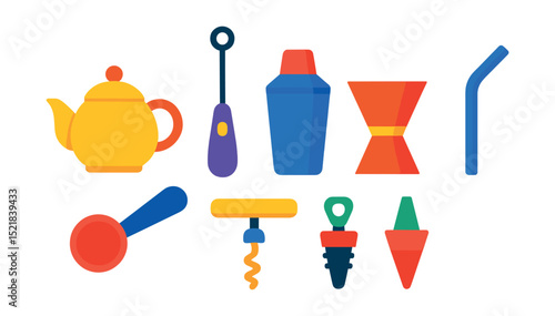 Flat vector icons of beverage utensils: teapot, coffee scoop, milk frother, cocktail shaker, jigger, wine opener, bottle stopper, reusable straw.