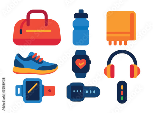 Flat vector icons of fitness gear: gym bag, water bottle, towel, sneakers, smartwatch, headphones, armband, fitness tracker.