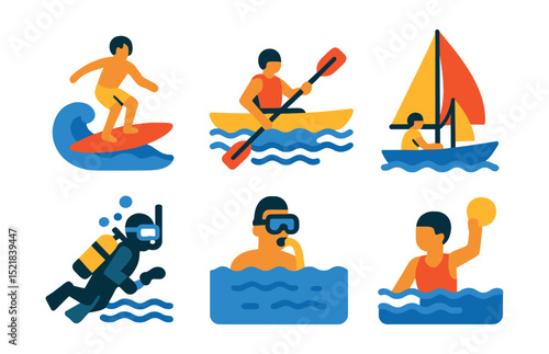 Flat vector icons of water sports: surfing, kayaking, paddleboarding, sailing, jet skiing, scuba diving, snorkeling, water polo.