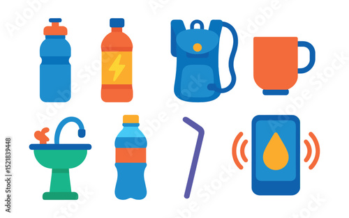 Flat vector icons of sports hydration: water bottle, electrolyte drink, hydration pack, cup, water fountain, sports drink, straw, hydration reminder.